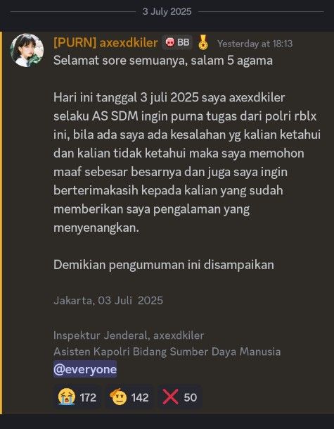 Pamit Purna Tugas, Inspekjen axedkiler Tinggalkan Jejak di Polri Roblox