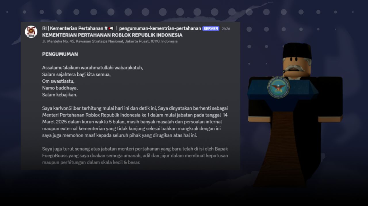 KarlvonSilber Akhiri Pengabdian sebagai Menhan Roblox RI, Ucapkan Terima Kasih dan Harapan untuk Pengganti