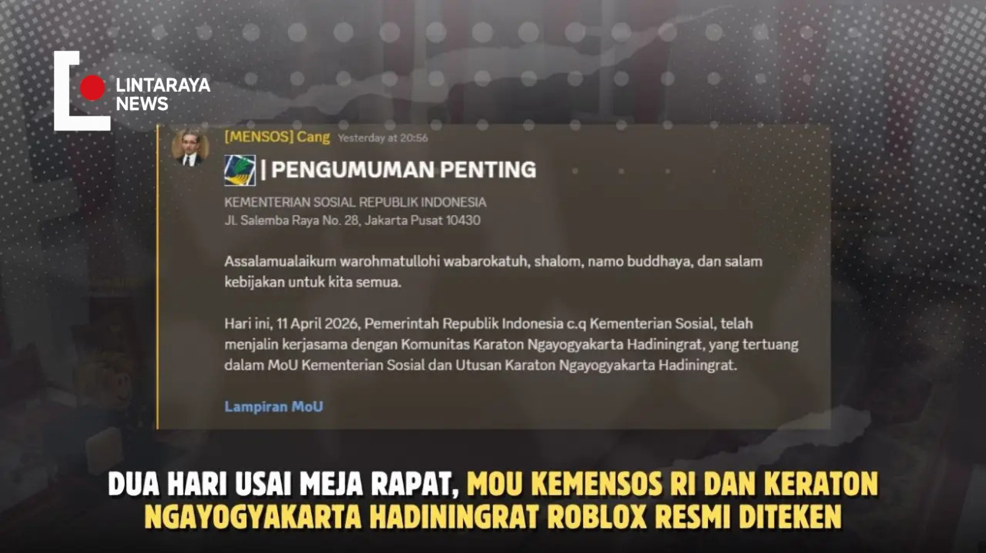 Dua Hari Usai Meja Rapat, MoU Kemensos RI dan Keraton Ngayogyakarta Hadiningrat Roblox Resmi Diteken